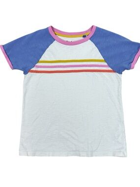 Mini Boden Girls White Tee with Blue Raglan Sleeves and Pink Trim